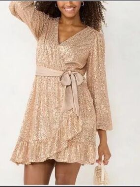 LC Lauren Conrad Champagne Sequin Wrap Dress with Waist Tie size XS